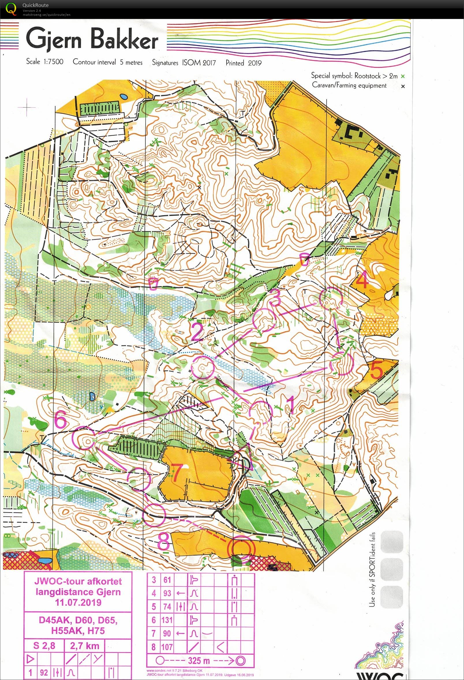 Gjern Bakke, JWOC afkortet lang, Bane D65, Pia Gade, 110719 (2019-07-11)